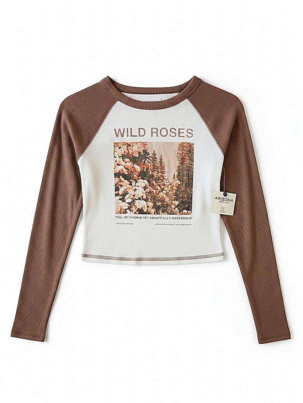 NWT! Arizona Jean Company Brown and White Wild Roses Raglan Long-Sleeve Crop Top